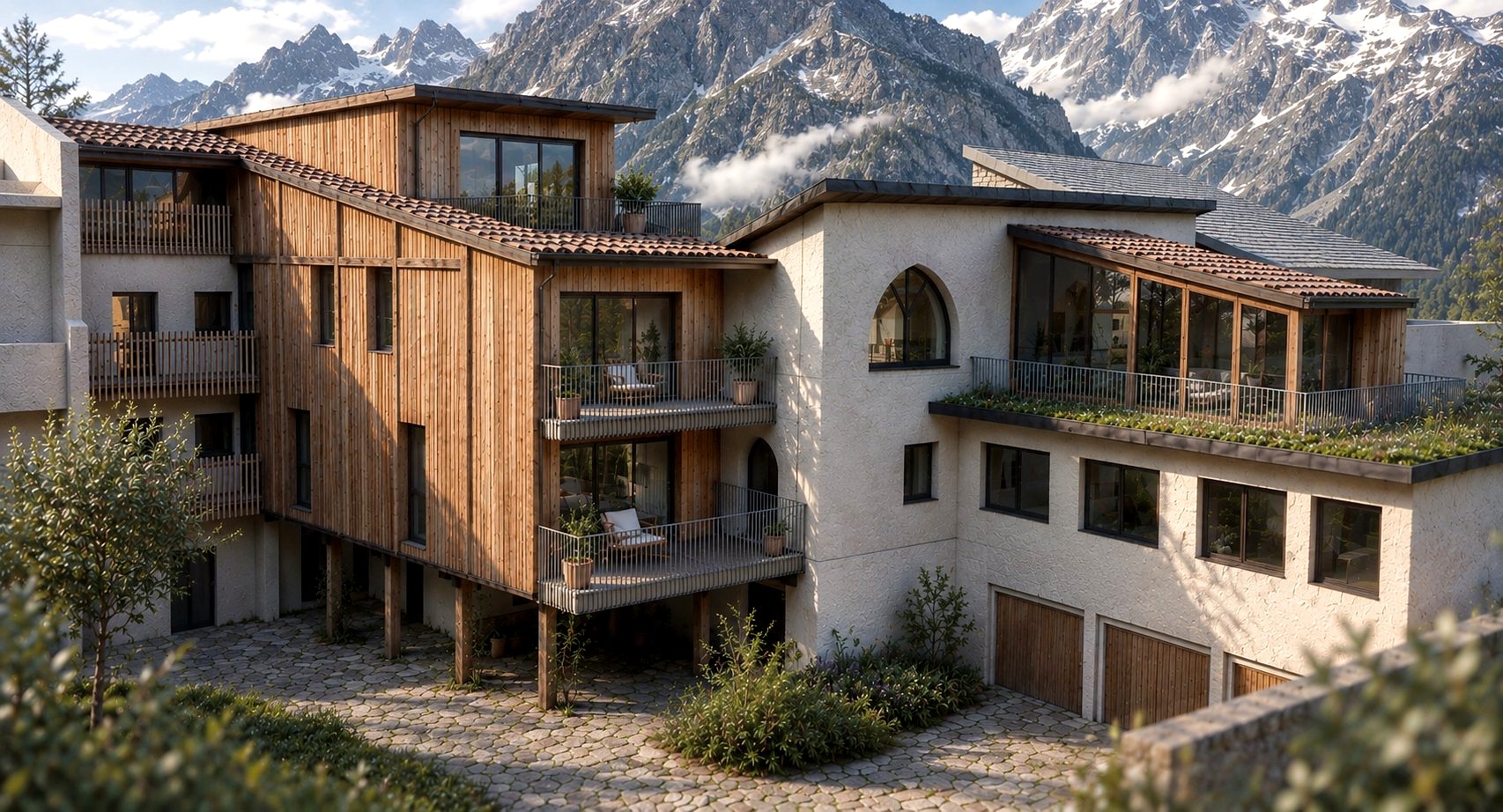ETTELHAUS, visualisation of the courtyard with the new timber extension