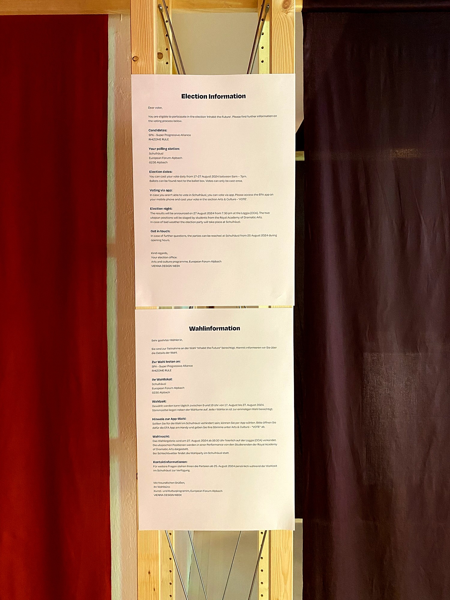 VIENNA DESIGN WEEK x EUROPEAN FORUM ALPBACH, election information sheets on the timber frame